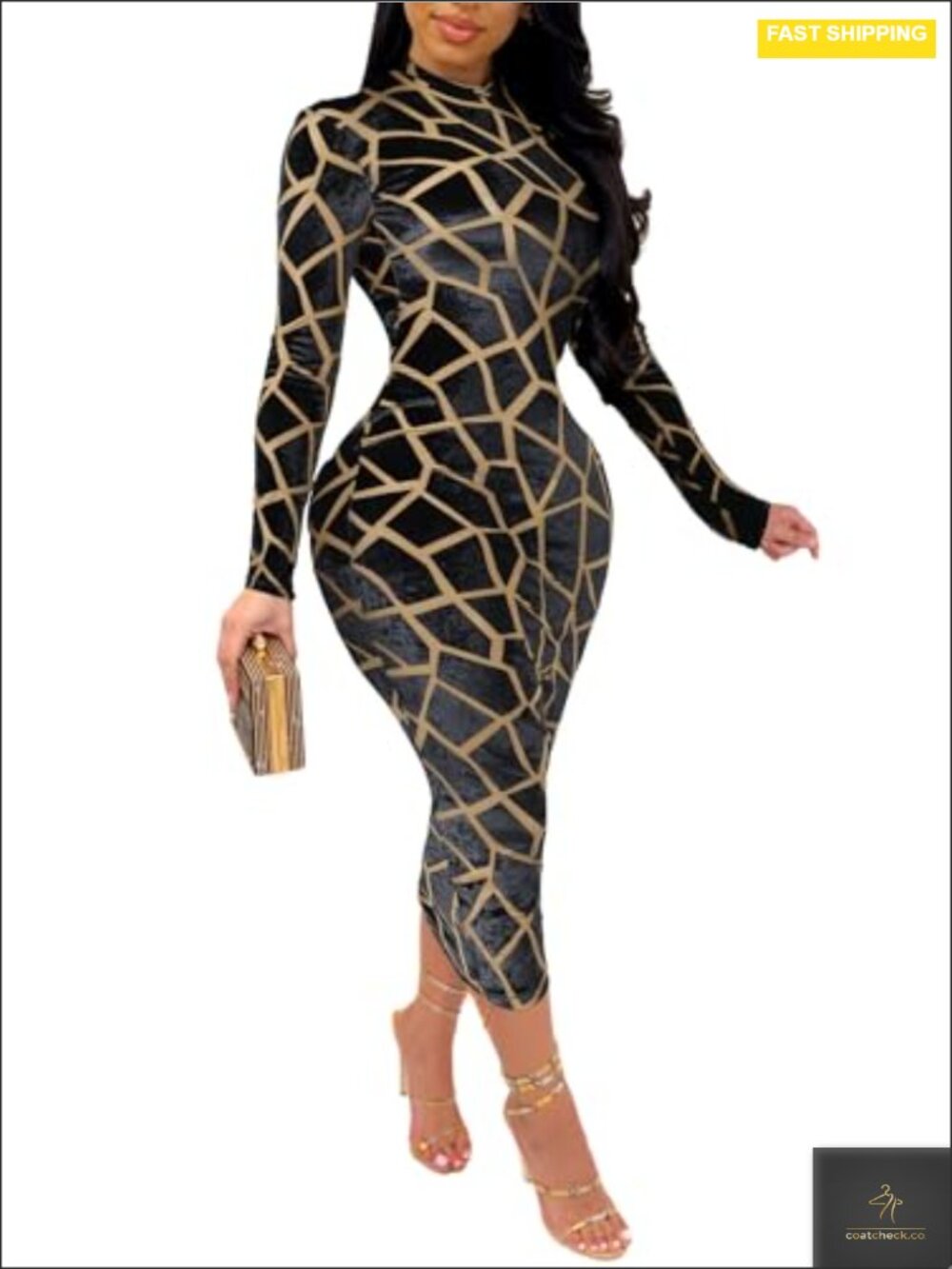 Women's Sheer Mesh Bodycon Midi Dress Long Sleeve See Through Clubwear Night Out